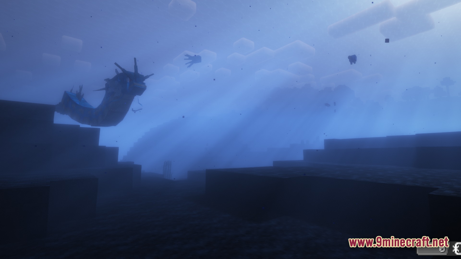 Cobblemon Eternal The Minecraft Pokémon Experience Modpack Screenshot 10 A Gyarados and other aquatic creatures swim through a deep, foggy Minecraft ocean biome