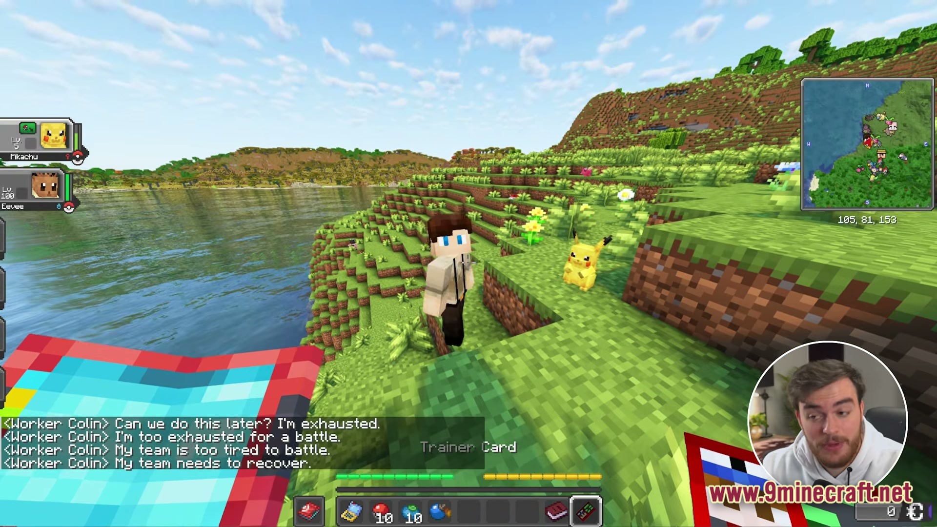 Cobblemon Eternal The Minecraft Pokémon Experience Modpack Screenshot 2 A player interacts with an NPC trainer and a Pikachu in a grassy Minecraft river biome