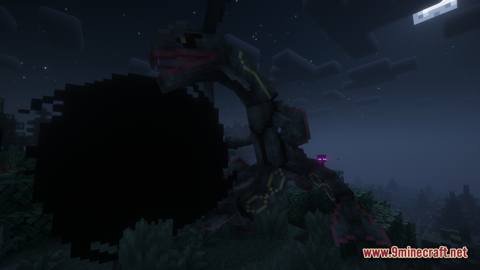 Cobblemon Eternal The Minecraft Pokémon Experience Modpack Screenshot 5 A shiny Rayquaza stands next to a dark portal in a Minecraft forest at night