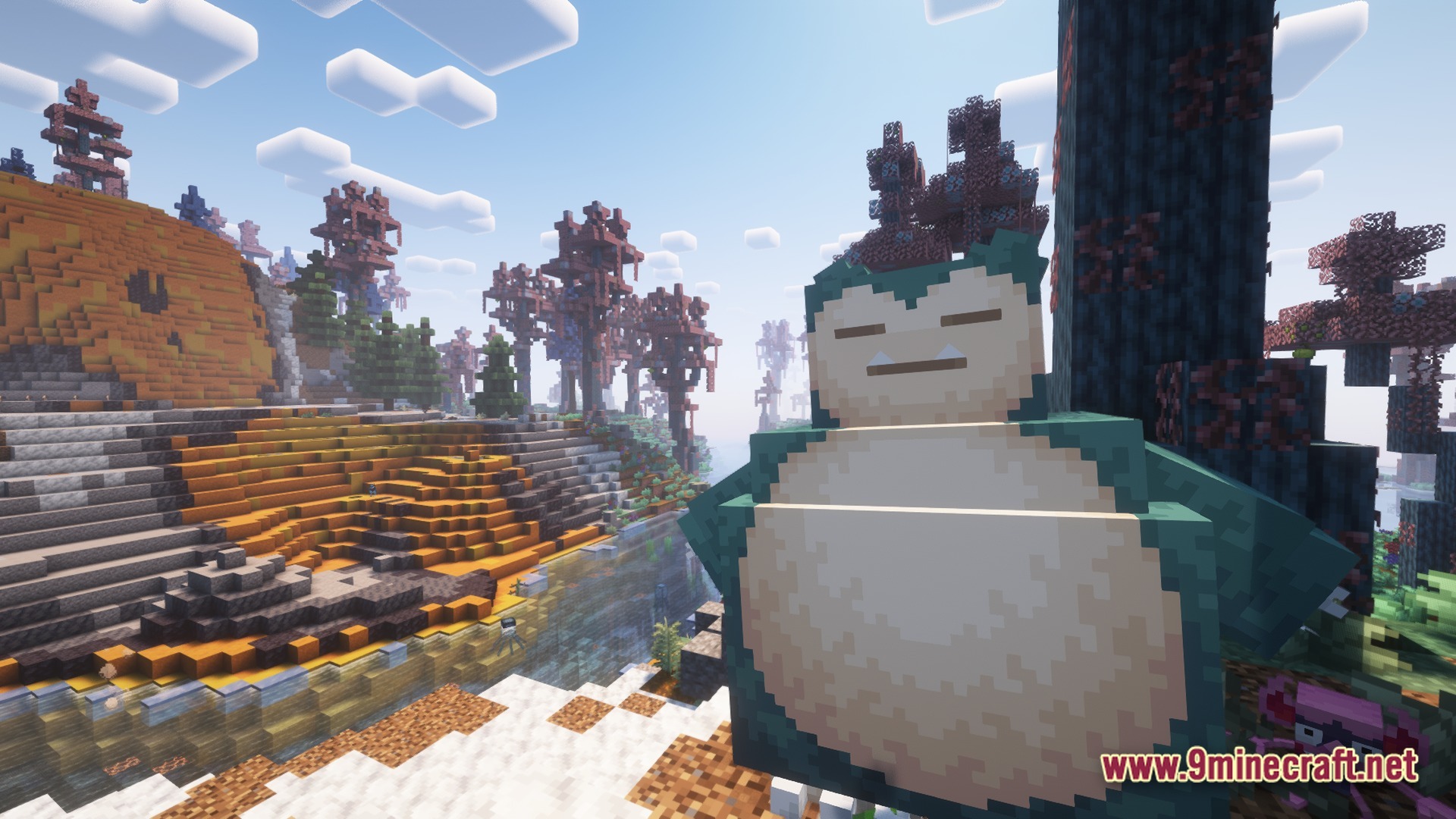 Cobblemon Eternal The Minecraft Pokémon Experience Modpack Screenshot 6 A Snorlax stands in a custom Minecraft biome featuring autumn-colored trees and a river