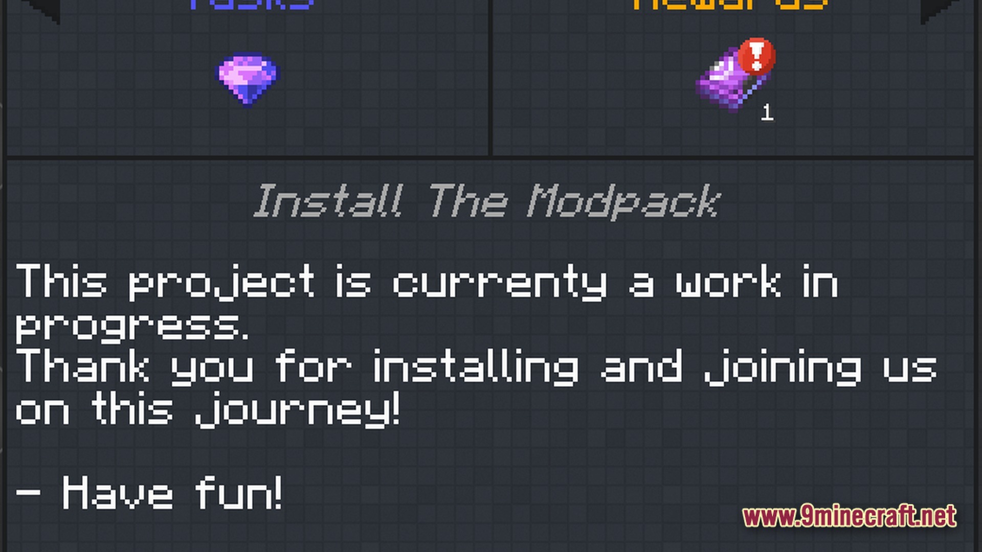 Cobblemon Eternal The Minecraft Pokémon Experience Modpack Screenshot 7 A quest interface displays a welcome message and rewards for installing the Cobblemon Eternal modpack