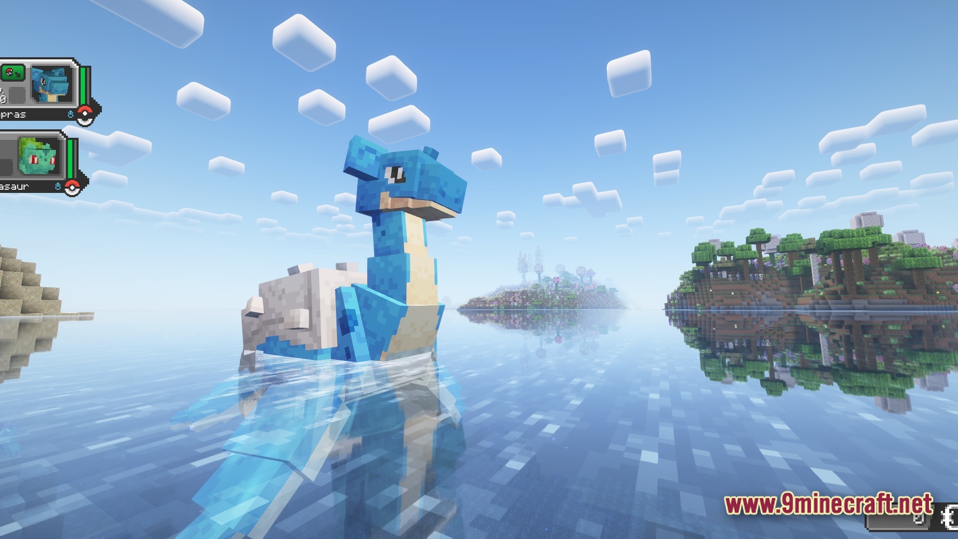 Cobblemon Eternal The Minecraft Pokémon Experience Modpack Screenshot 8 A Lapras swims in a calm ocean biome near forested islands with shaders enabled