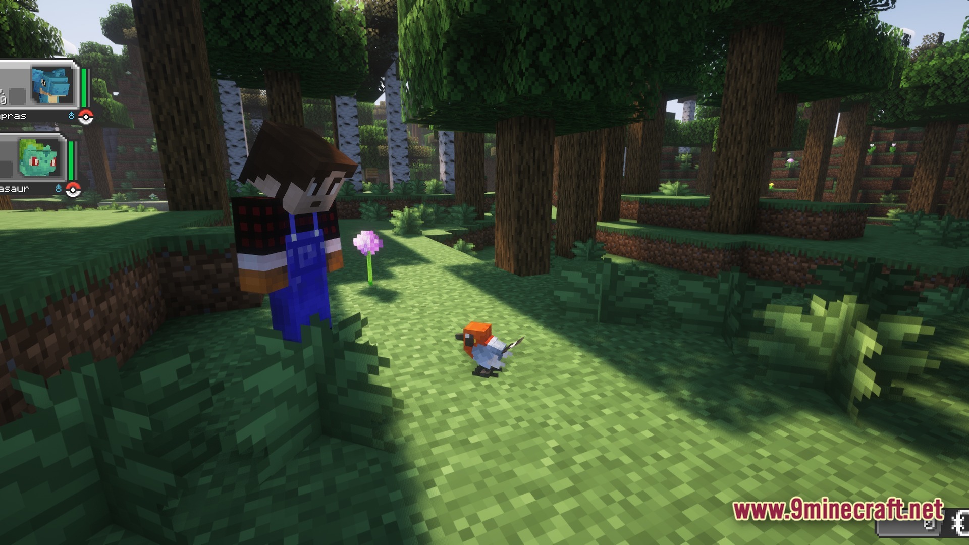 Cobblemon Eternal The Minecraft Pokémon Experience Modpack Screenshot 9 A player character encounters a wild Fletchling in a forest biome within the Cobblemon modpack