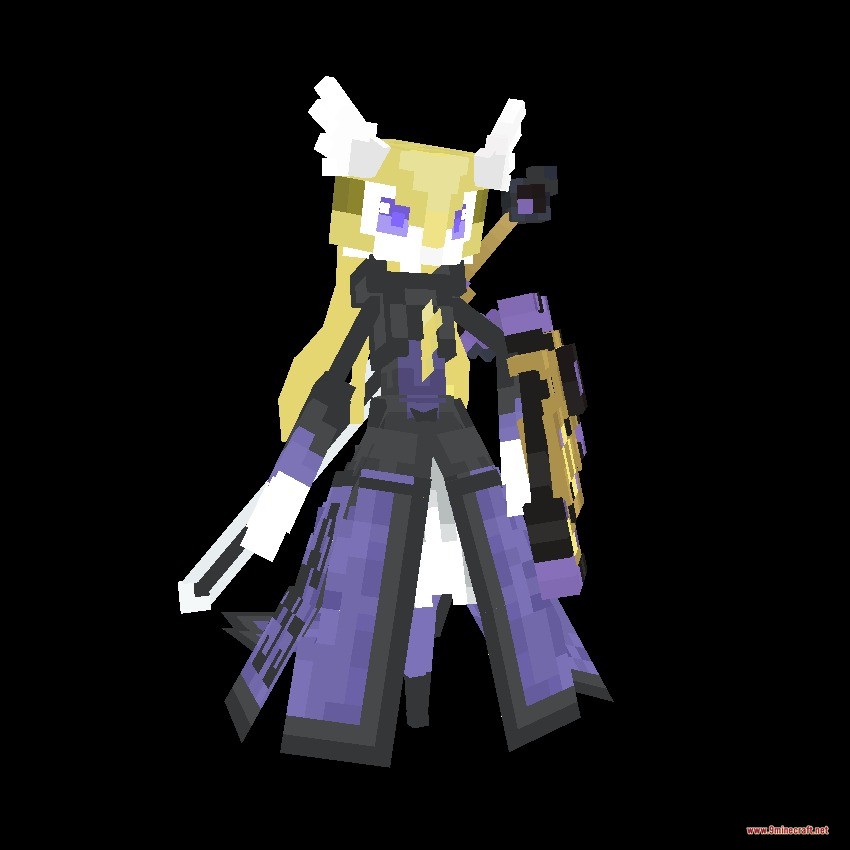 Purple and black fusion monster holding a shield and a sharp sword