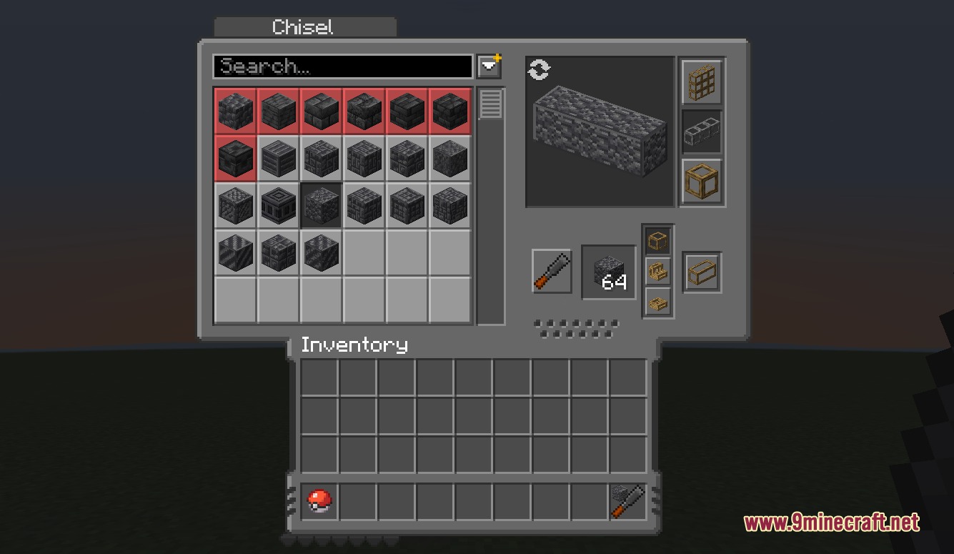 Cobblemon Interface Embossed Legacy Modded Resource Pack Screenshot 1 A dark embossed chisel interface displaying various stone block texture options