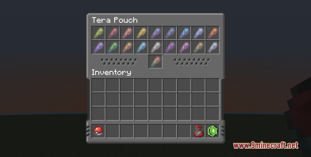 Cobblemon Interface Embossed Legacy Modded Resource Pack Screenshot 2 The Tera Pouch menu displaying various colored shards in a dark theme