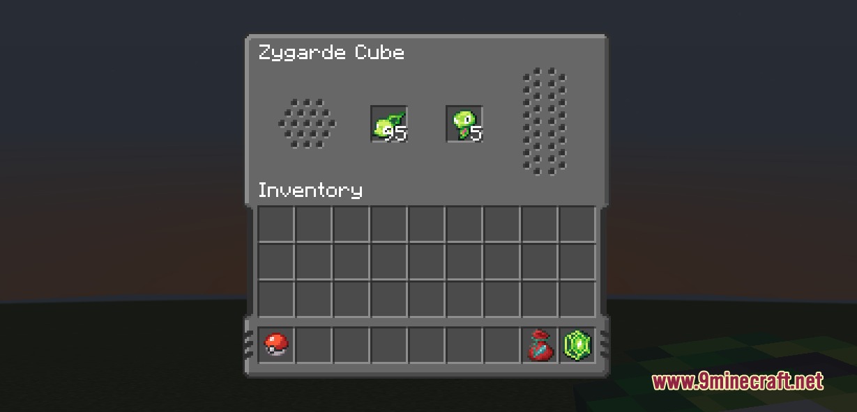 Cobblemon Interface Embossed Legacy Modded Resource Pack Screenshot 3 The Zygarde Cube menu displays collected cells and cores with dark embossed textures