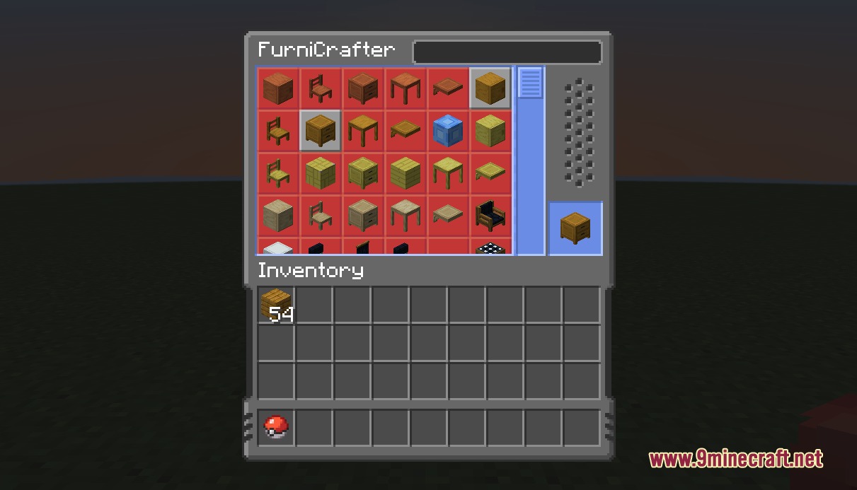 Cobblemon Interface Embossed Legacy Modded Resource Pack Screenshot 4 A FurniCrafter workstation interface showing various furniture items with a raised border design