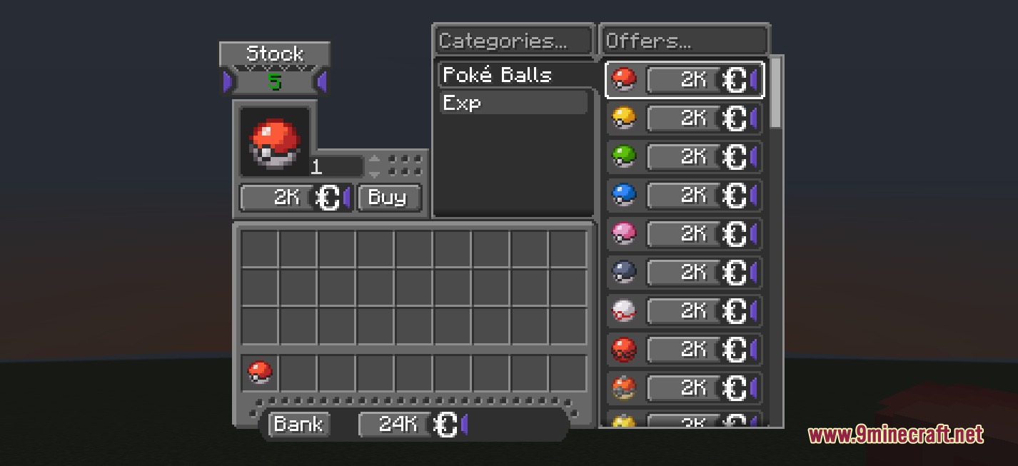 Cobblemon Interface Embossed Legacy Modded Resource Pack Screenshot 5 A dark embossed shop menu for purchasing different types of Poke Balls