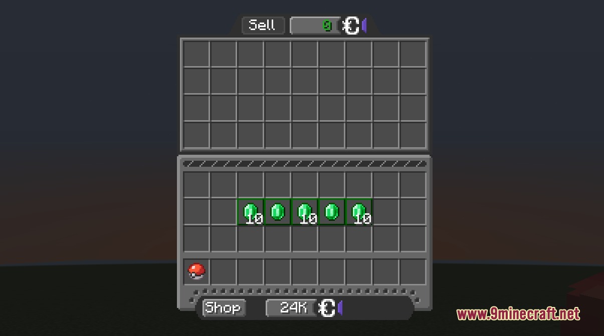 Cobblemon Interface Embossed Legacy Modded Resource Pack Screenshot 6 The sell interface showing emeralds and currency with a dark embossed theme