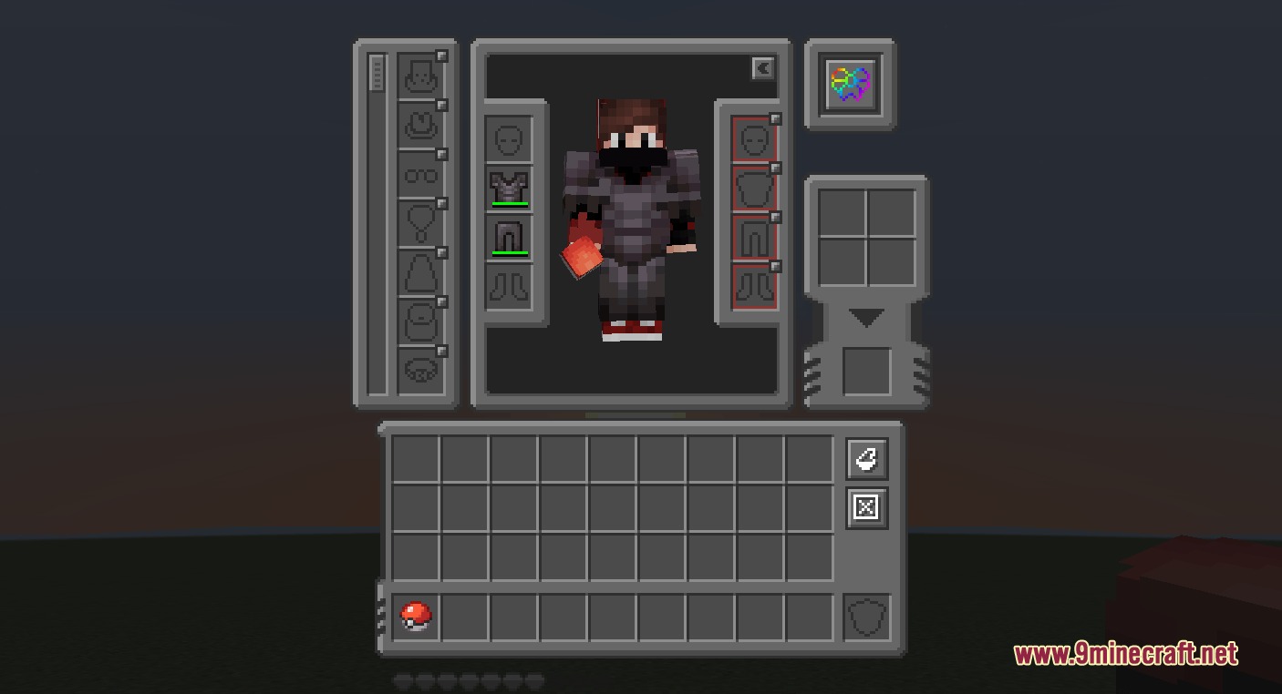Cobblemon Interface Embossed Legacy Modded Resource Pack Screenshot 7 Custom dark embossed inventory interface displaying a player character and extra modded slots