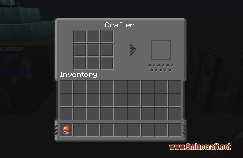 Cobblemon Interface Embossed Legacy Resource Pack Screenshot 1 The Crafter block interface with an embossed grey design and a Poke Ball