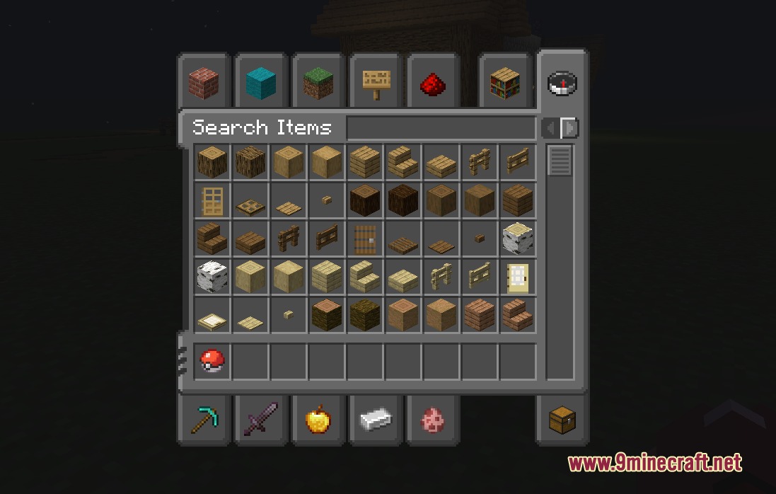Cobblemon Interface Embossed Legacy Resource Pack Screenshot 2 A grey embossed creative inventory screen displaying various wooden blocks and items