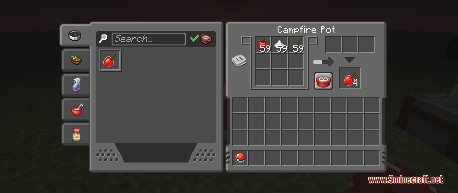 Cobblemon Interface Embossed Legacy Resource Pack Screenshot 4 Campfire Pot interface displaying ingredients for making candied apple items