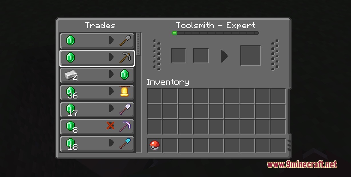 Cobblemon Interface Embossed Legacy Resource Pack Screenshot 7 Toolsmith trading menu with gray embossed textures and a Pokeball in inventory
