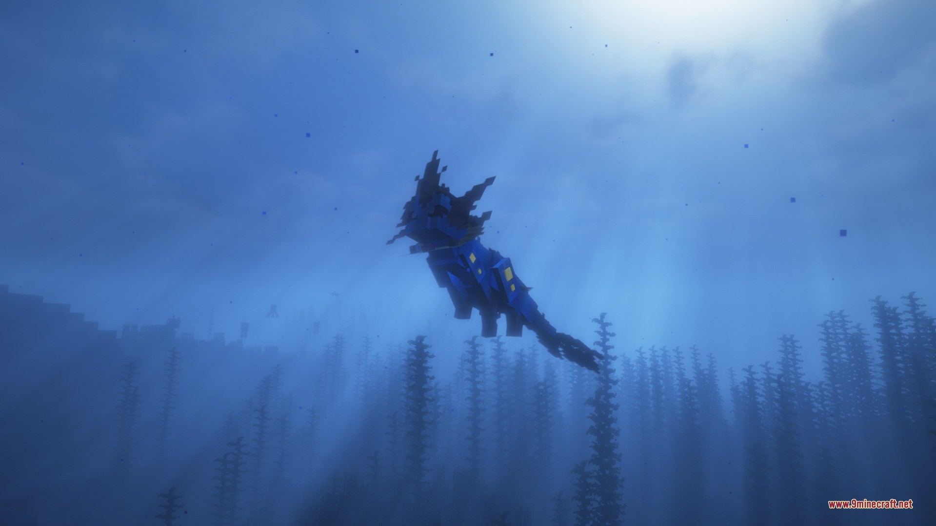 Cobblemon Kazeran Eeveelutions Data Pack Screenshot 1 A blue regional Vaporeon swimming through deep ocean water with sunbeams and kelp