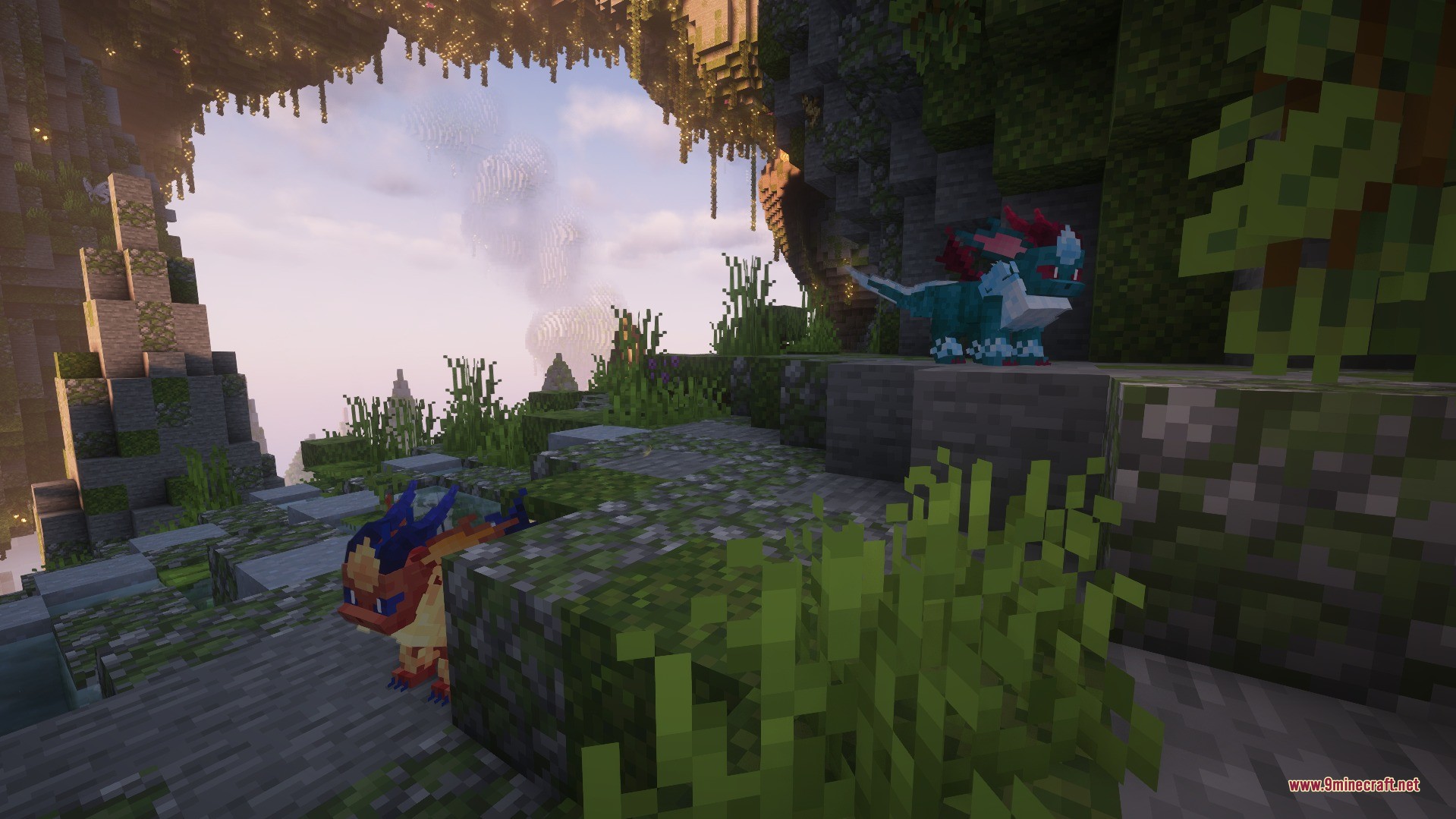 Cobblemon Kazeran Eeveelutions Data Pack Screenshot 2 Two regional Eevee evolutions standing on mossy stone blocks in a lush cave