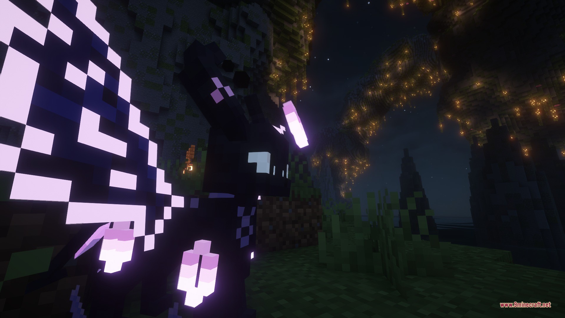 Cobblemon Kazeran Eeveelutions Data Pack Screenshot 3 A winged Umbreon regional form with glowing purple accents in the night