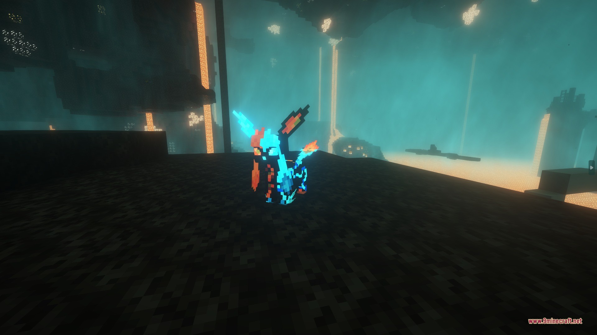 Cobblemon Kazeran Eeveelutions Data Pack Screenshot 5 Regional Glaceon form with fire and ice features standing in the blue Nether
