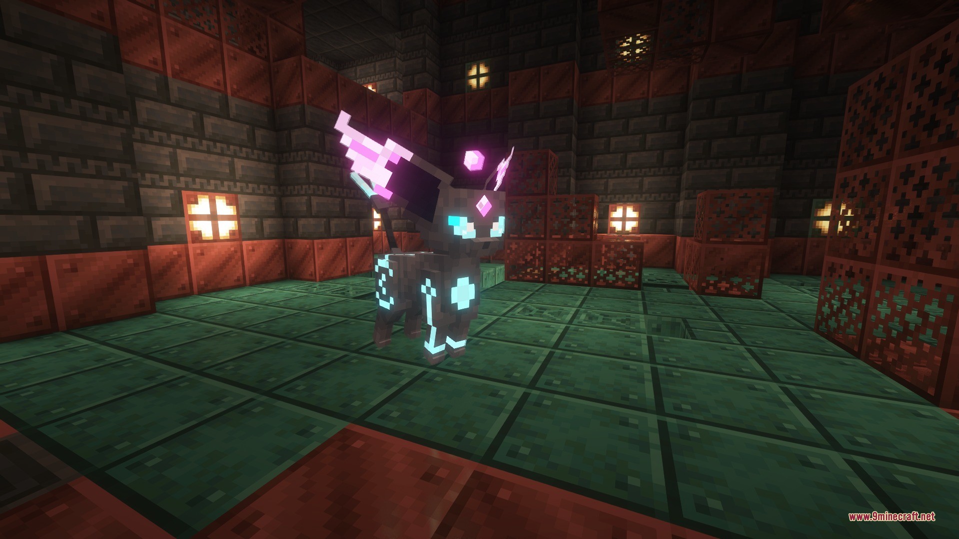 Cobblemon Kazeran Eeveelutions Data Pack Screenshot 7 A glowing Psychic and Steel type Espeon in a copper trial chamber