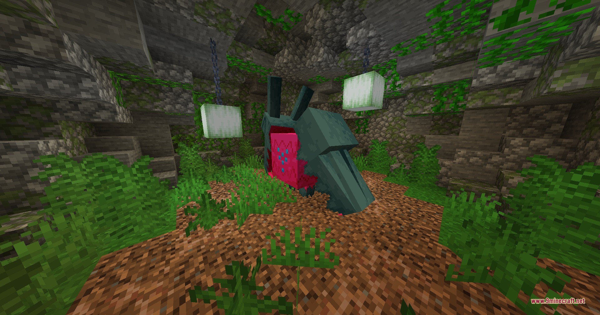 Cobblemon Legendary Data Pack Screenshot 10 A large dragon creature inside a mossy stone cave with hanging sea lanterns