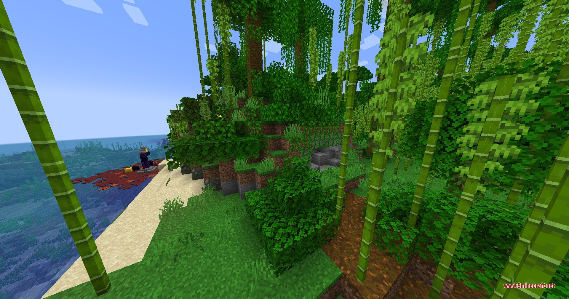 Cobblemon Legendary Data Pack Screenshot 9 Bamboo forest overlooking a sandy beach with a ruined portal in the distance