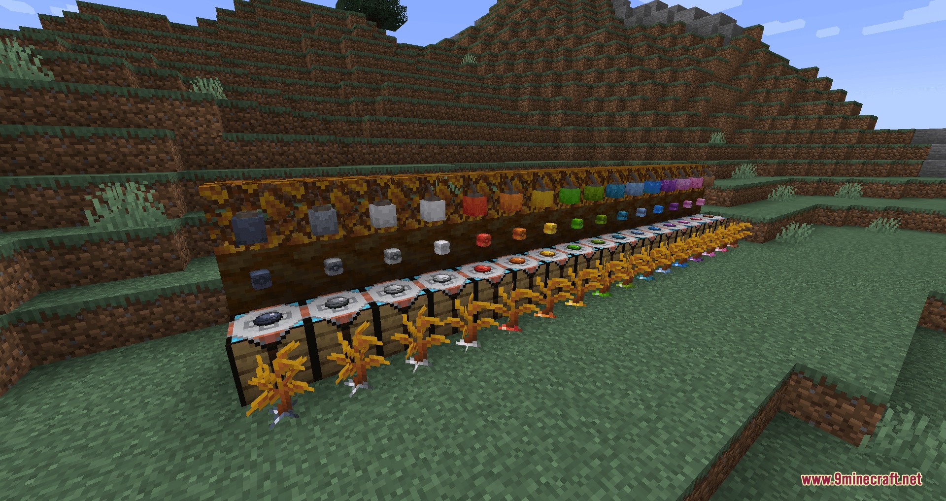 A row of workbenches displaying various custom colored Poke Ball designs