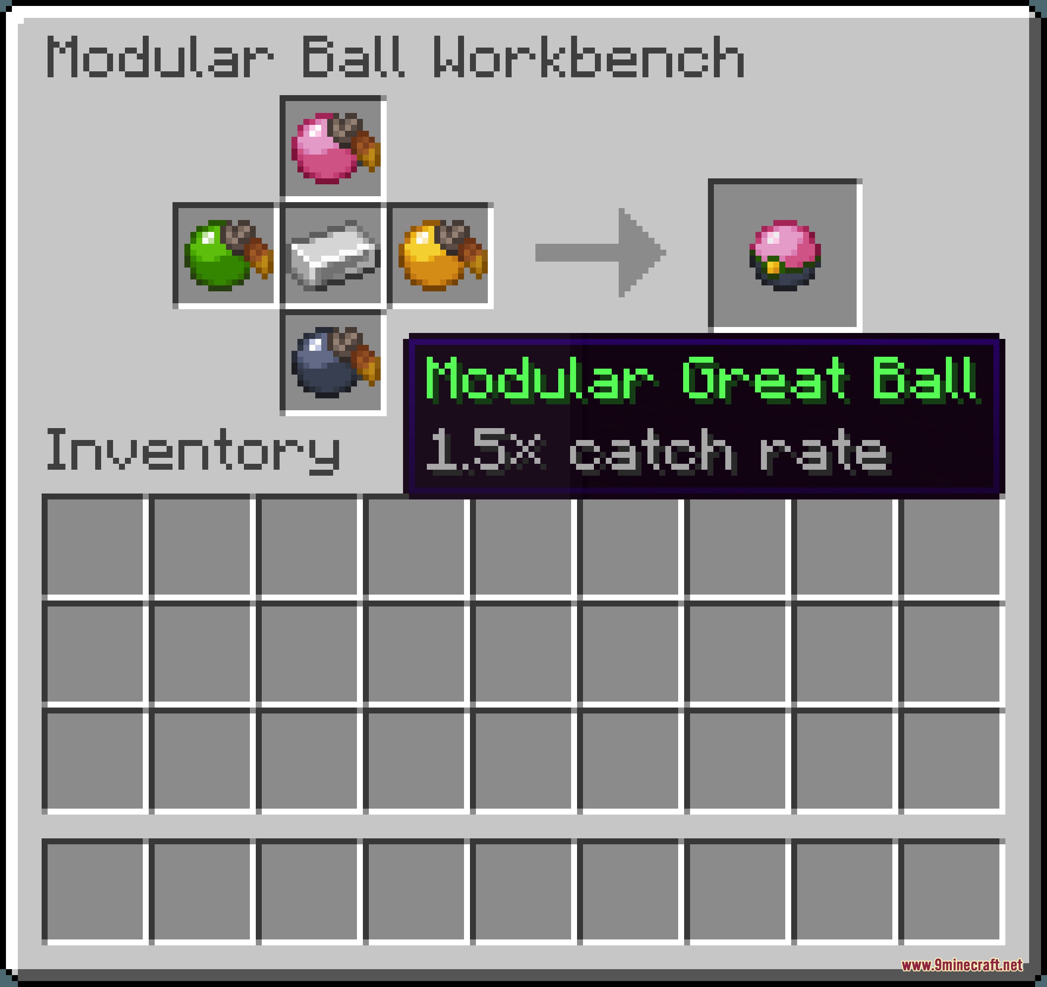 Crafting a Modular Great Ball using iron and apricorns in a workbench