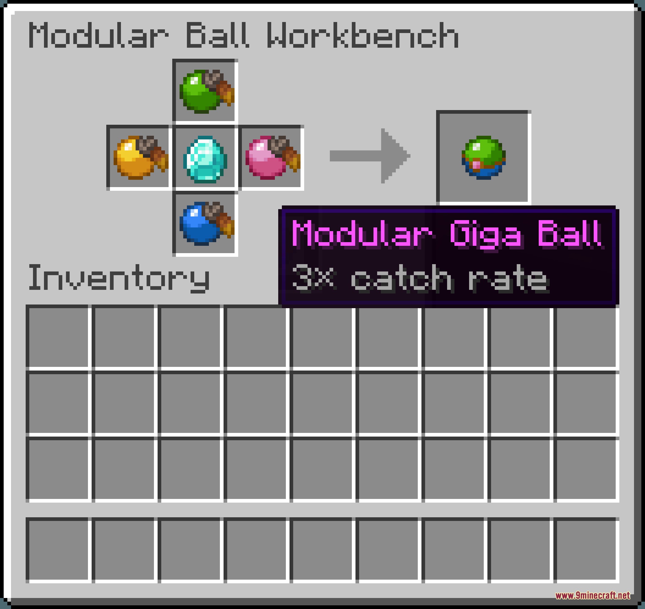 Crafting a Modular Giga Ball using a diamond and various colored apricorns