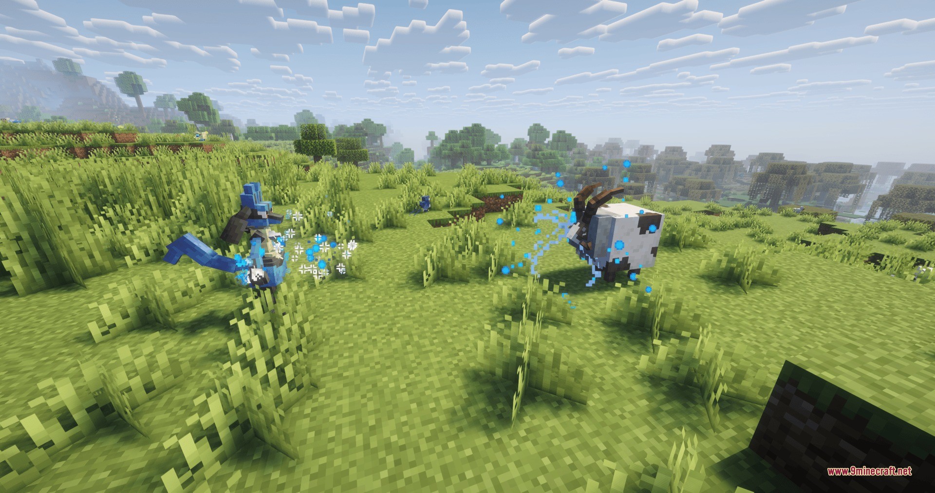 Lucario uses a blue aura attack against a Dubwool in Minecraft