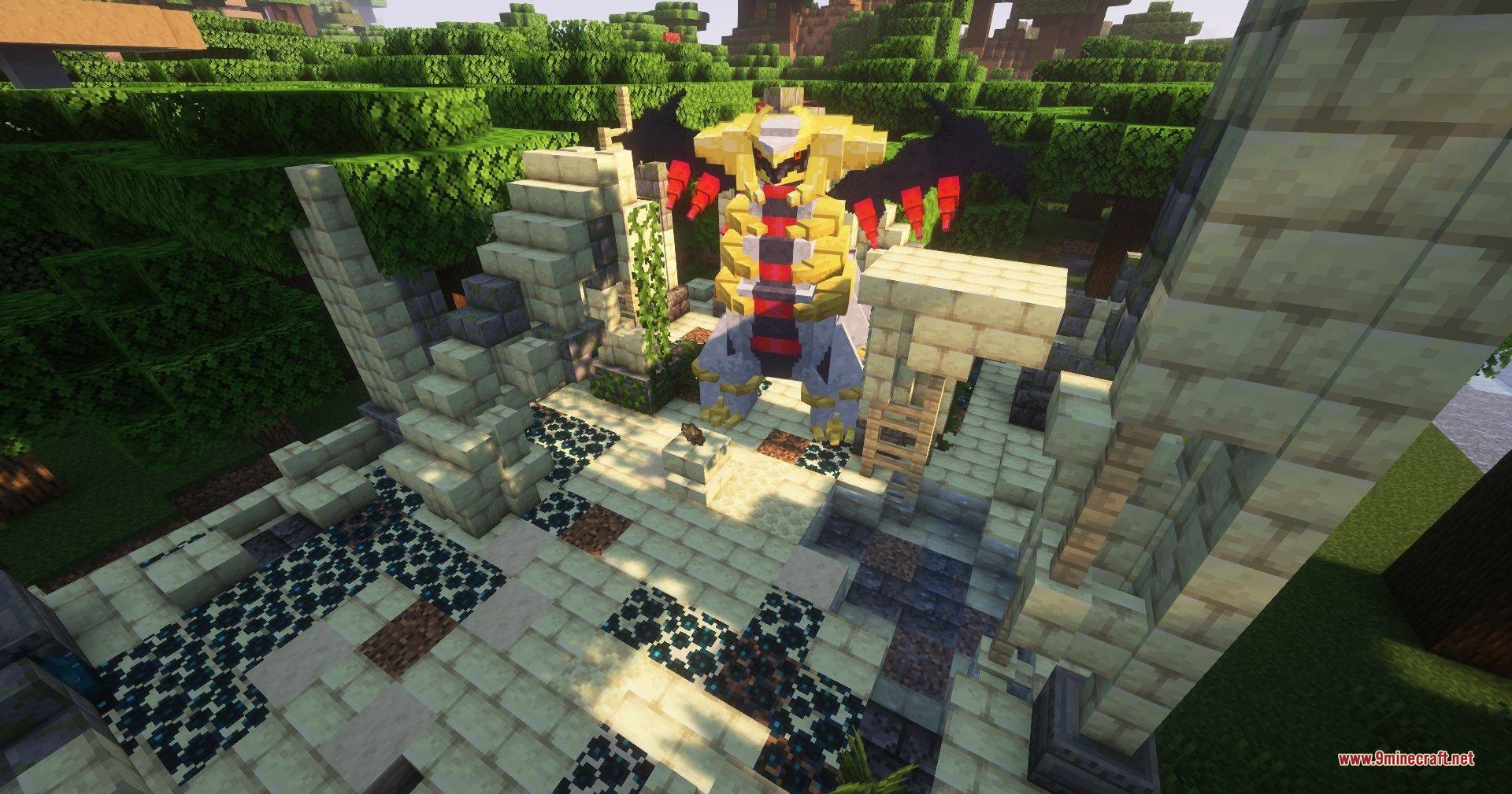 Cobblemon Path to Legends Data Pack Screenshot 10 Giratina stands inside a ruined stone temple located in a lush forest