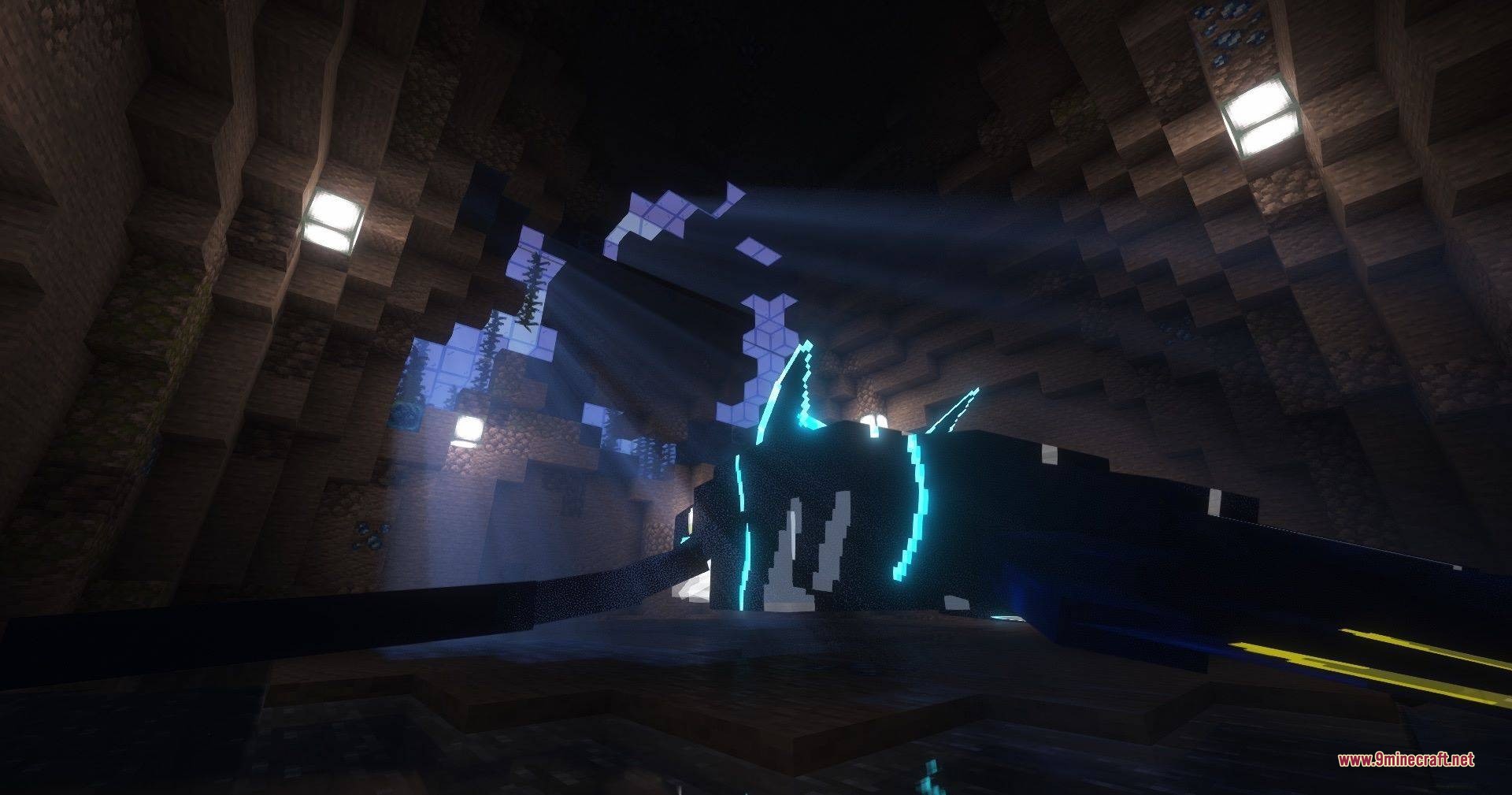 Cobblemon Path to Legends Data Pack Screenshot 3 Primal Kyogre rests inside a dark cave with light rays shining through