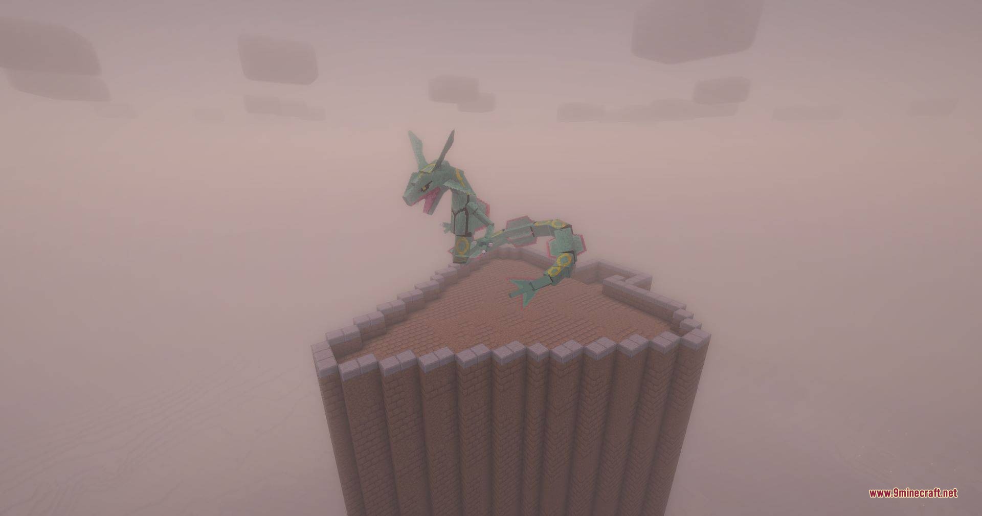 Cobblemon Path to Legends Data Pack Screenshot 5 Rayquaza perched on top of the Sky Pillar tower in a foggy world