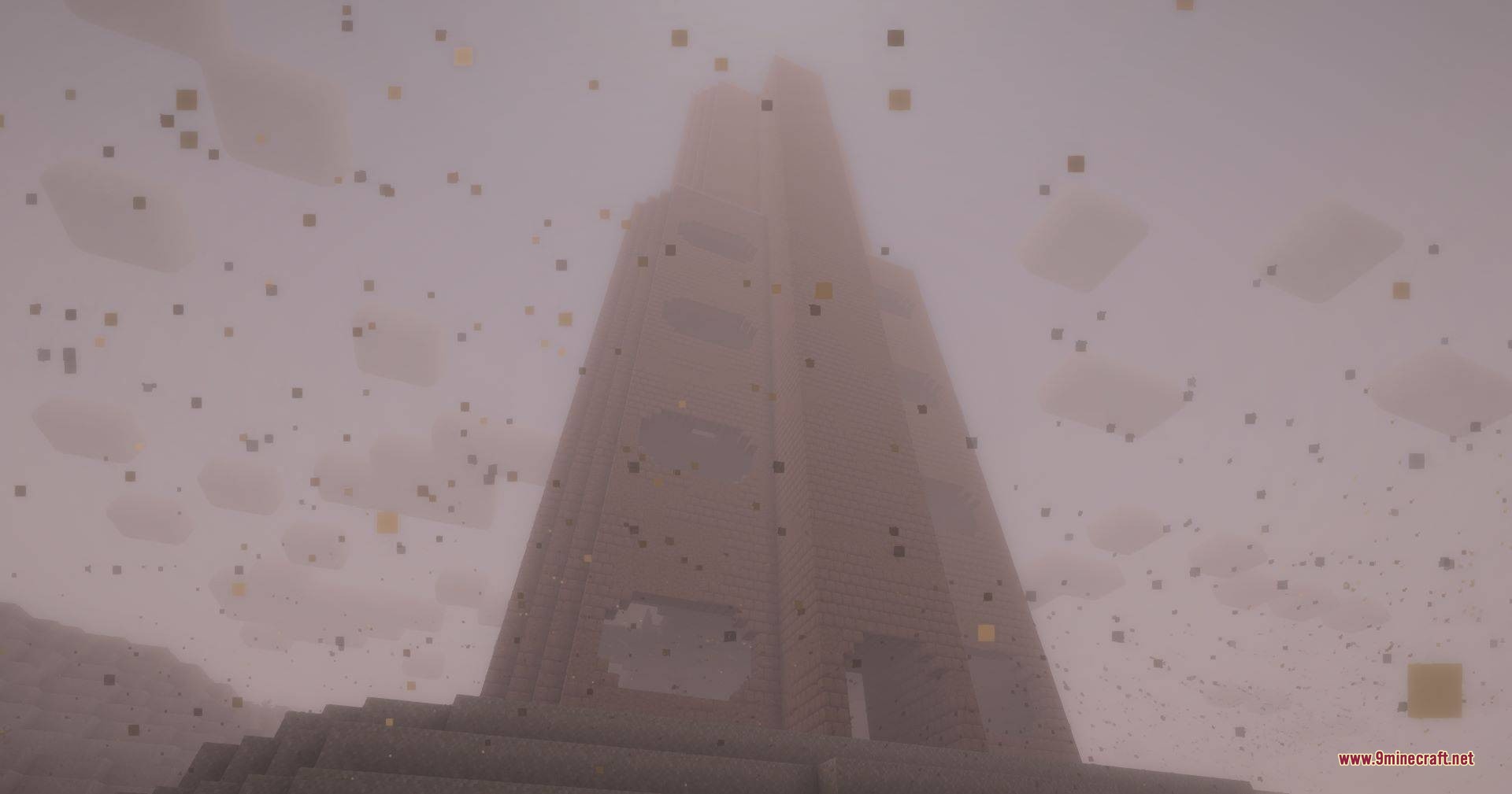 Cobblemon Path to Legends Data Pack Screenshot 6 Looking up at a massive brick tower stretching into the thick fog