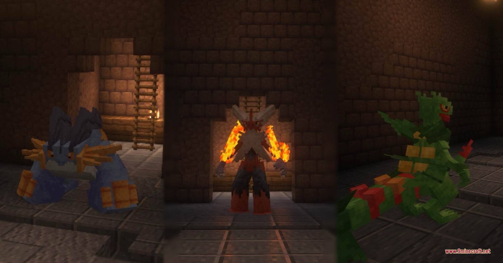 Cobblemon Path to Legends Data Pack Screenshot 7 Mega Swampert Mega Blaziken and Mega Sceptile standing in dark stone rooms