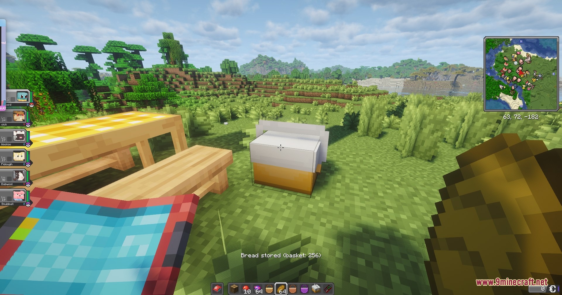 Cobblemon Picnic Mod Screenshot 1 A player stands near a picnic table and basket while holding a map