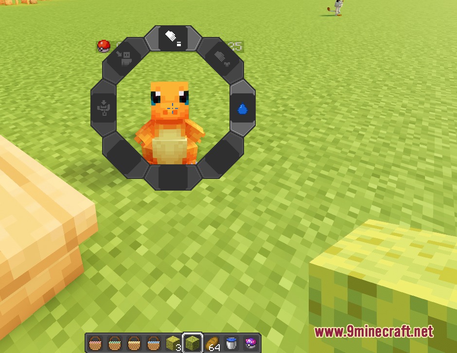 Cobblemon Picnic Mod Screenshot 2 Interacting with a Charmander using a radial menu in a grassy field