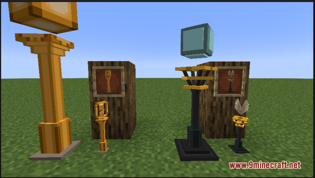 Cobblemon Pokestops Mod Screenshot 5 Showcasing various golden trophies and item stations on a grassy field
