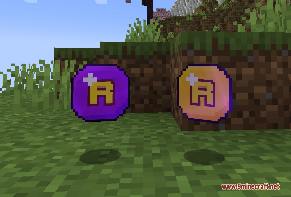 Cobblemon Realms Core Mod Screenshot 1 Two custom currency items with R logos floating in a Minecraft world