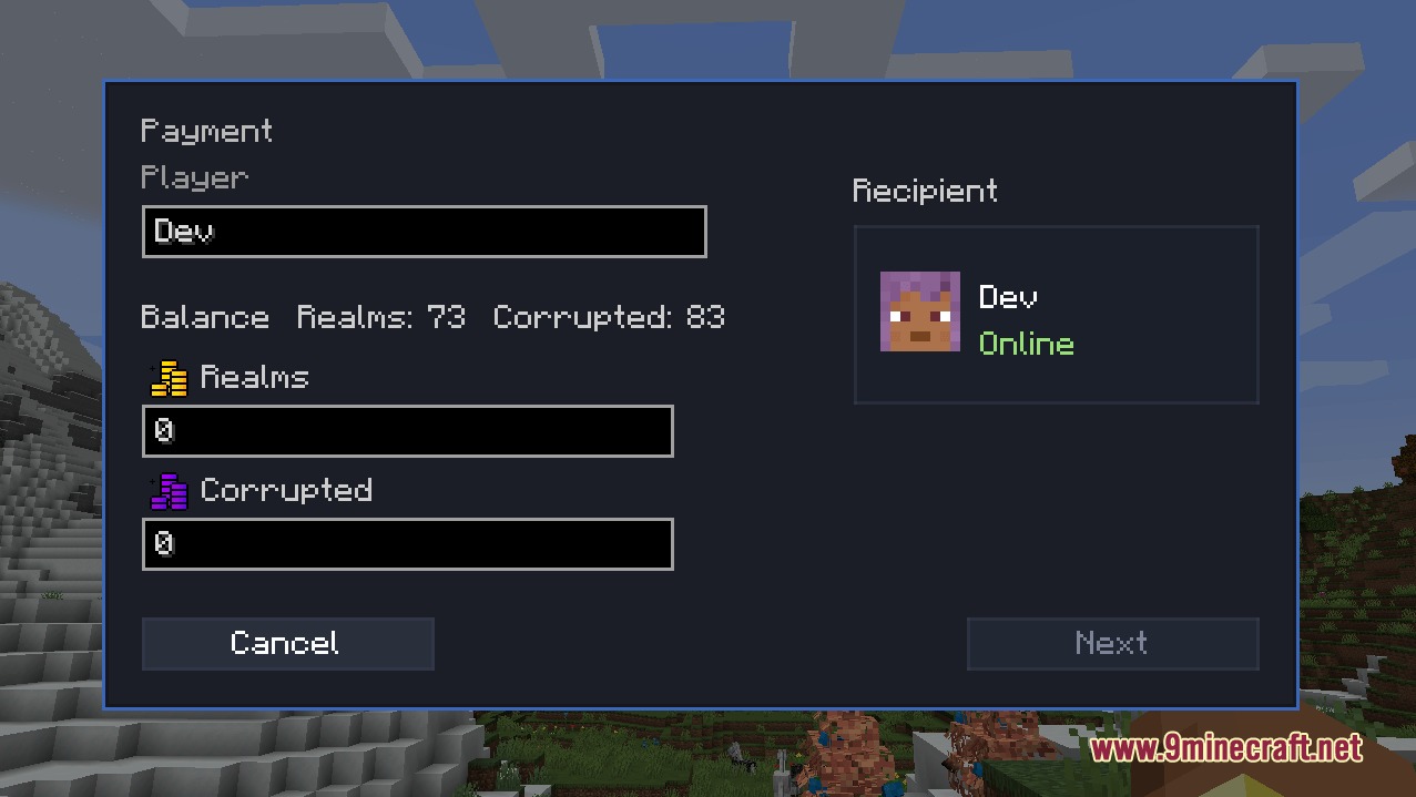 Cobblemon Realms Core Mod Screenshot 2 A payment interface screen for transferring custom currency to another online player