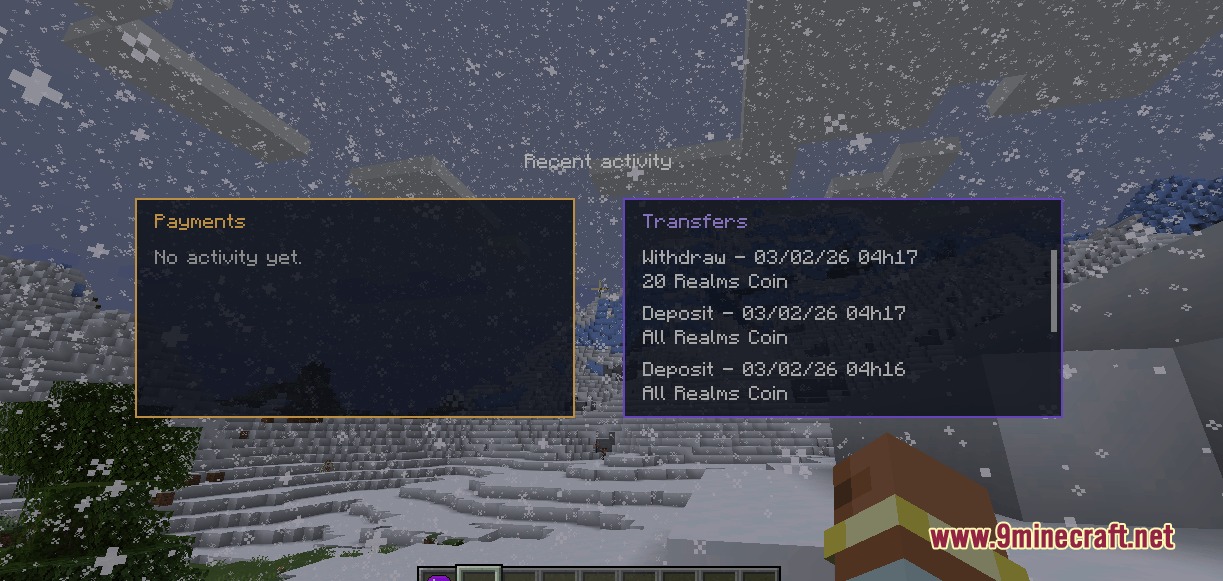 Cobblemon Realms Core Mod Screenshot 3 Minecraft UI showing recent payment and transfer activity in a snowy biome