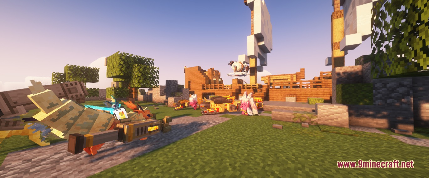 Cobblemon Seavls Bizarremons Resource Pack Screenshot 1 Various custom monsters from the resource pack exploring a sunny Minecraft village
