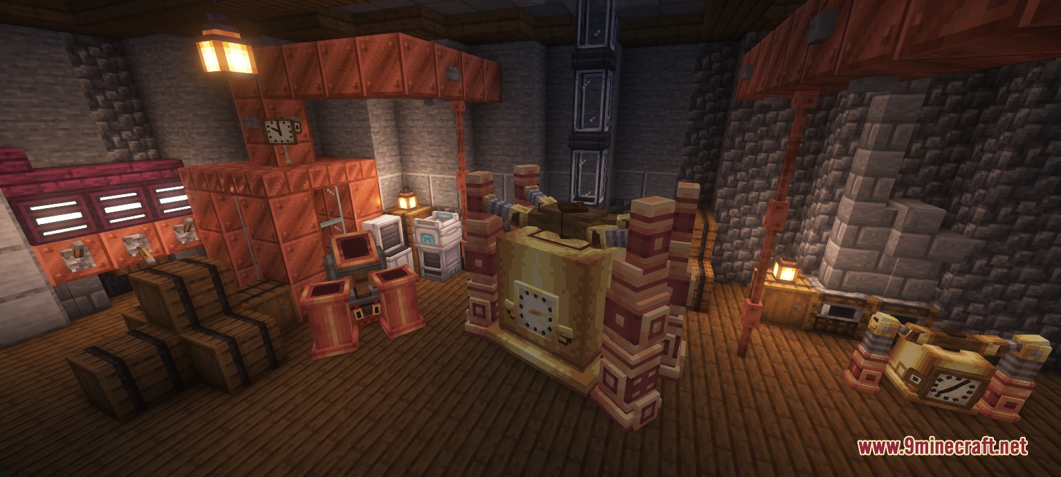 Cobblemon Seavls Bizarremons Resource Pack Screenshot 2 Steampunk laboratory interior with copper machinery and unique decorative blocks in Minecraft