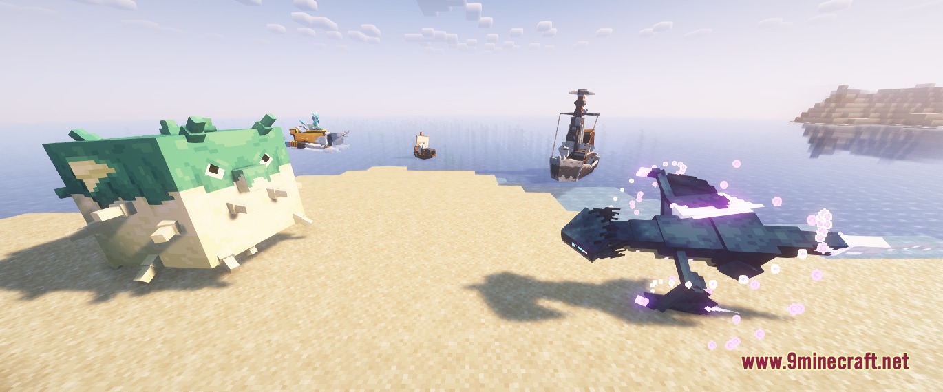 Cobblemon Seavls Bizarremons Resource Pack Screenshot 3 Custom creatures from Cobblemon Seavls Bizarremons Resource Pack on a sandy beach