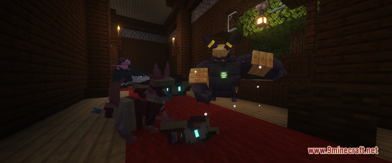 Cobblemon Seavls Bizarremons Resource Pack Screenshot 4 A giant dark golem stands among smaller creatures inside a wooden building