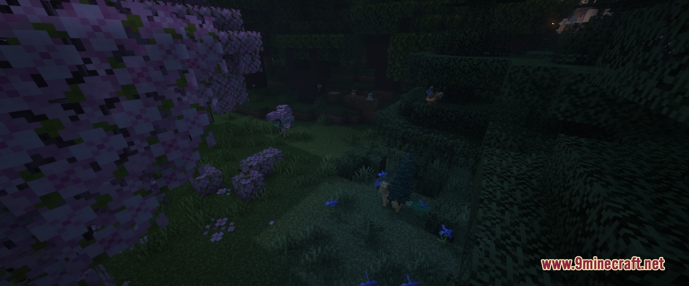 Cobblemon Seavls Bizarremons Resource Pack Screenshot 5 Pink cherry blossom trees and blue flowers on a dark grassy hill