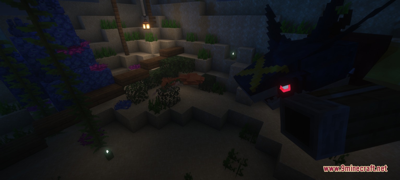 Cobblemon Seavls Bizarremons Resource Pack Screenshot 6 A dark creature with a red eye and yellow cross markings underwater
