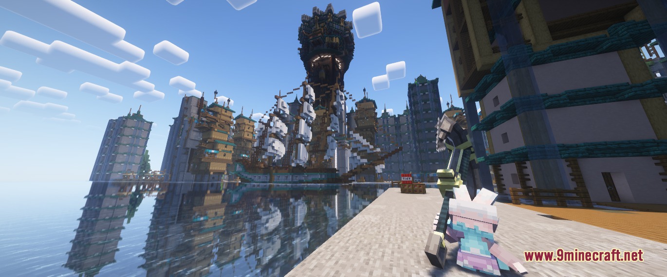 Cobblemon Seavls Bizarremons Resource Pack Screenshot 7 A player stands on a pier overlooking the massive Vaporeon City harbor