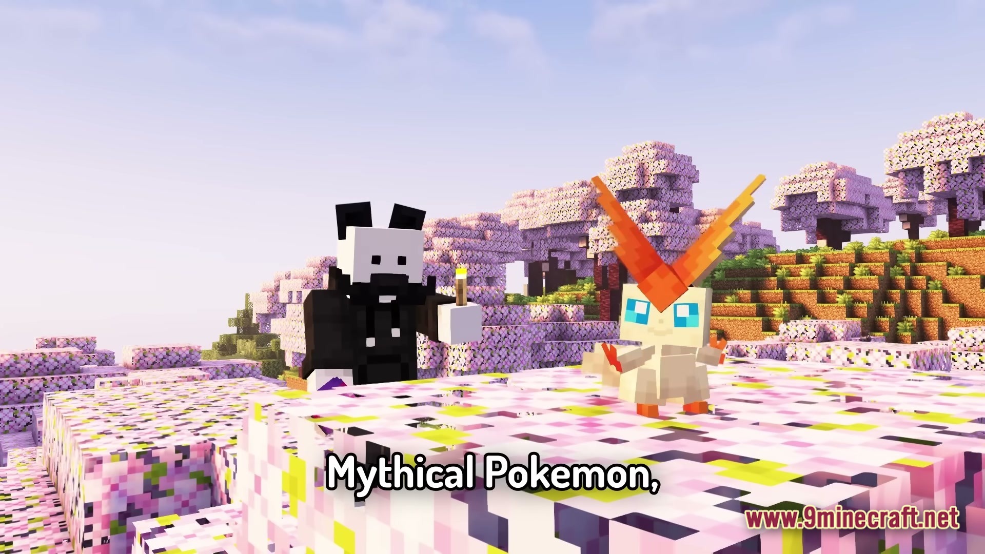 Cobblemon.gg Modpack Screenshot 1 A player stands next to a Victini in a cherry blossom grove biome