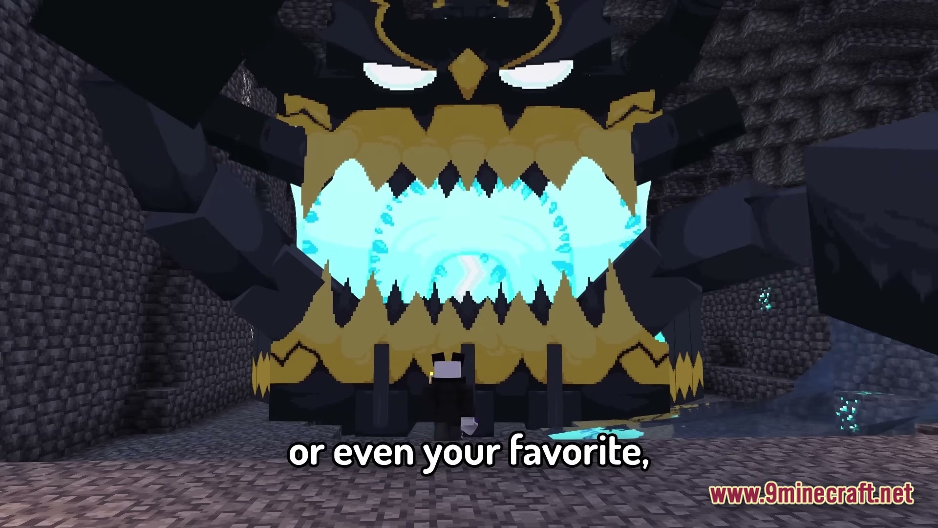 Cobblemon.gg Modpack Screenshot 2 A player stands before a massive Guzzlord Pokémon inside a dark stone cavern